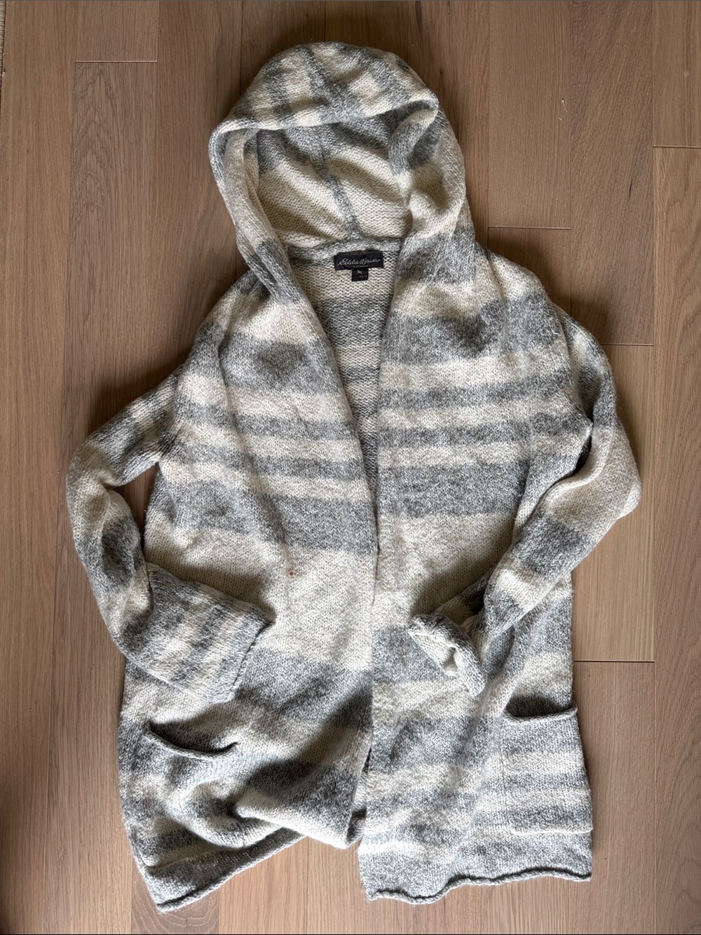 Eddie Bauer Hooded Striped Knit Short Robe Cardigan in Cream and Gray